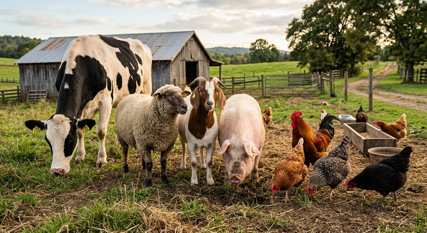 A photograph of various farm animals (a cow, a sheep, a goat, a pig, and several chickens) gathered together in a grassy pasture in front of a weathered barn.